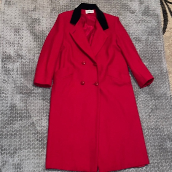 Herman Kay Red Wool Blend Long Dress Coat. Black crushed velvet collar.  Size 10 - Picture 1 of 12